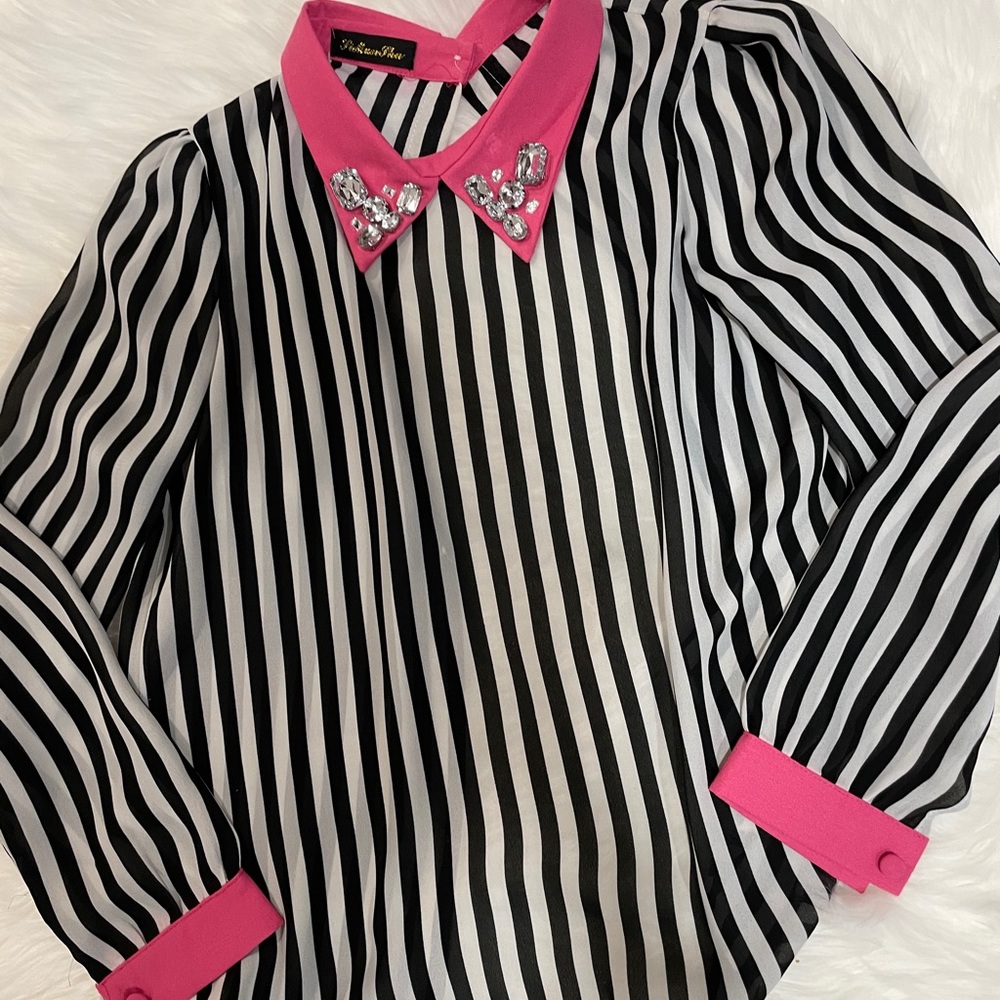 SHEIN Pink & White Striped Shirt with Pink Collar